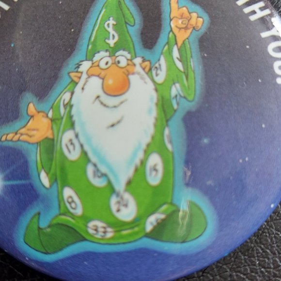 Vintage The Odds Be with You Play Little Lotto Pin Button Wizard Gamble 2 1/4" - Picture 3 of 4